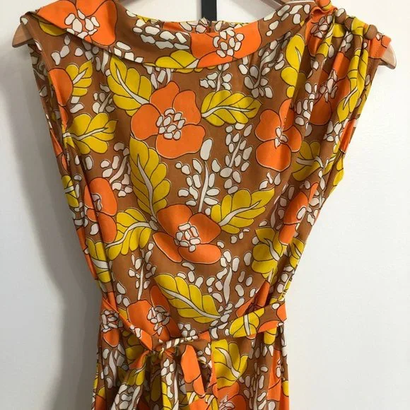 Vintage 60s, 70s cocktail dress, US size 4/6; tan, yellow and orange floral
